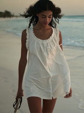 Doen Nessie Salt White Eyelet Mini Dress Romantic Cottagecore Size L